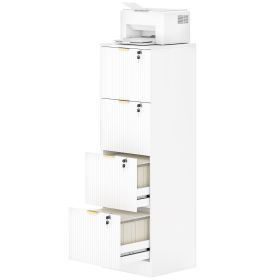 Lockable Filing Cabinet with 4 Fluted Drawers, File Cabinet with Adjustable Hanging Rails for A4 Letter Files, White