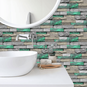 12 Pcs Green Brick Stone Pattern Peel And Stick Wallpaper Self-Adhesive,Detachable Without Leaving Glue (PCS: 24FG-L016)